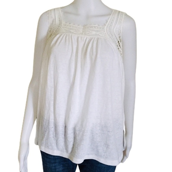 NWT GAP Linen Crochet/Lace Trim Tank/Top With Round Neck Ivory White Size Small - Picture 3 of 11